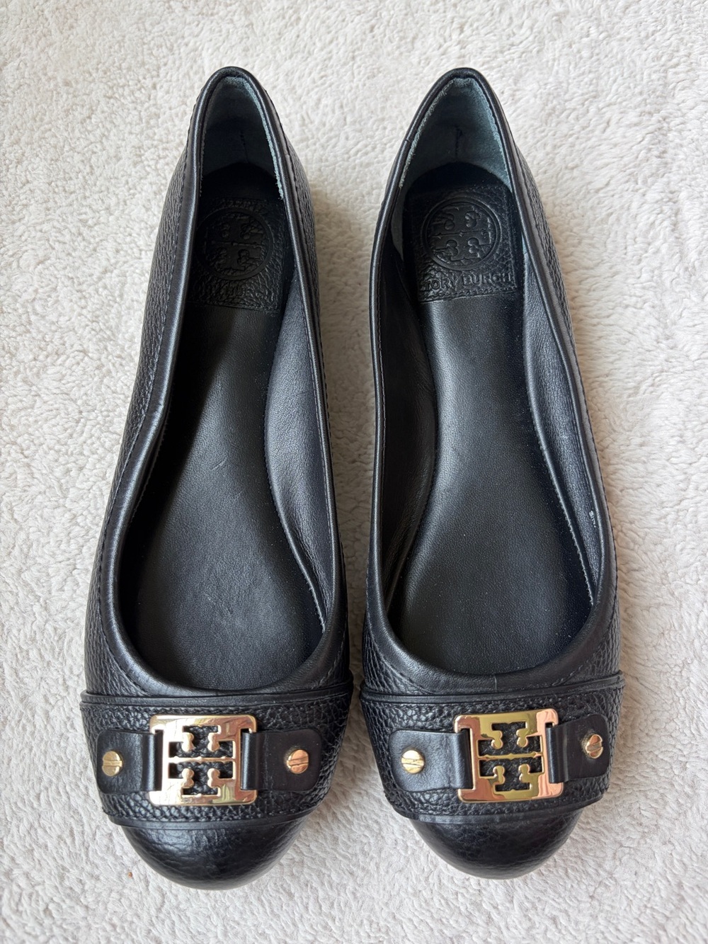 Tory Burch Black Leather Logo Flats with Gold Hardware Women Size 8
